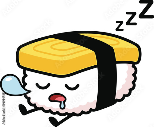 A cute sushi cartoon character is sleeping while sweating and drooling.