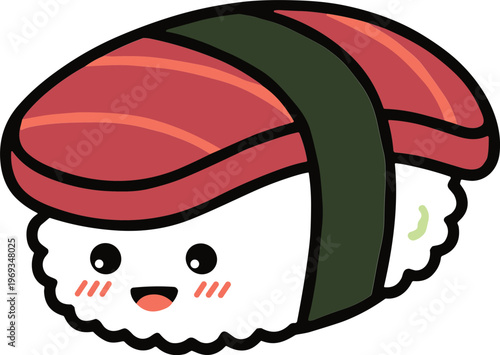 A cartoon sushi piece with a smiling face wrapped in nori seaweed and topped with salmon sashimi on a plate