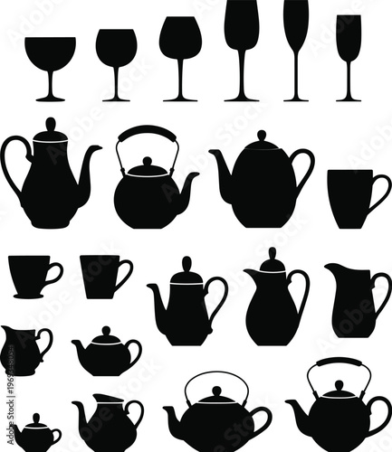 Collection of black silhouettes featuring diverse drinkware, teapots, kettles, coffee pots, mugs, pitchers, and goblets arranged in rows highlighting unique shapes and designs