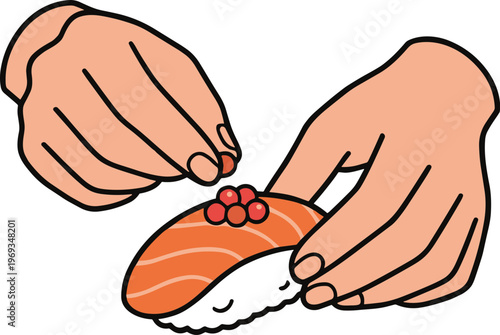 Hands preparing sushi with salmon and caviar on a piece