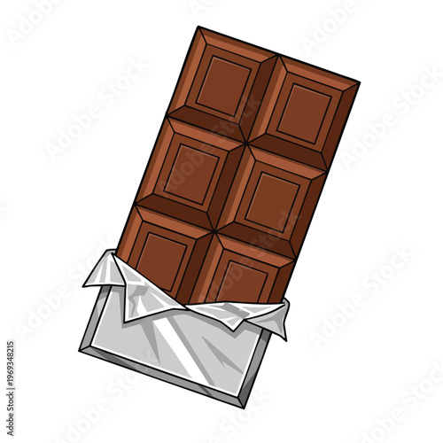 A sectioned, brown chocolate bar peeks out from its torn silver wrapper