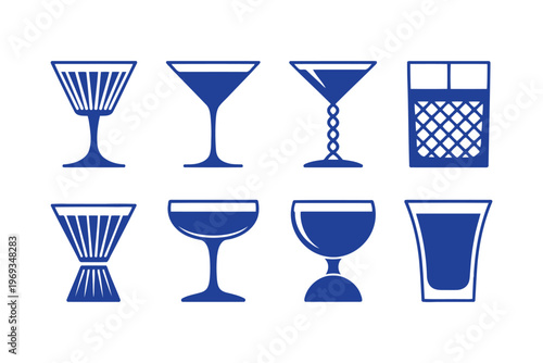 Blue set of eight different types of cocktail glasses and drinkware blue cocktail glasses martini glass
