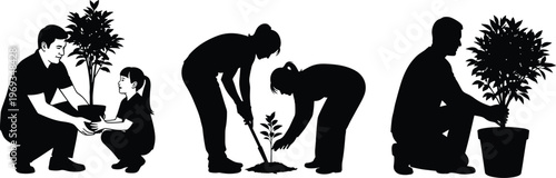 Black silhouette illustration showing people planting and nurturing plants, teamwork in gardening, environmental care, growth process, and sustainability concept in nature artwork