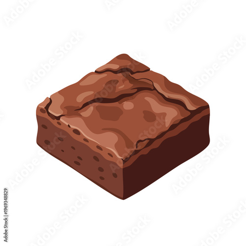 A rich, square, chocolate brownie with a textured, cracked top and a porous crumb