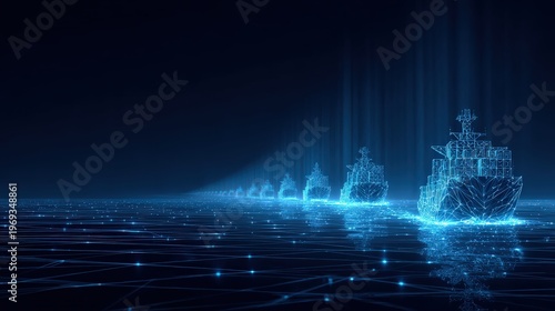 A digital armada of ships sailing in the digital world, illuminated in electric blue. ..Created with Generative AI, not depicting real subjects.