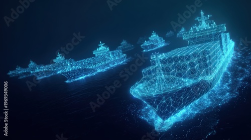 Digital representation of a fleet of ships navigating the open ocean, illuminated in a captivating display of advanced technology. ..Created with Generative AI, not depicting real subjects.