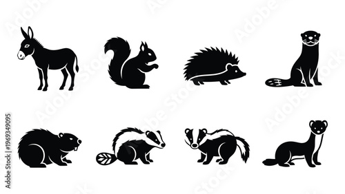 A collection of various woodland creatures depicted in stark black shapes against a white background silhouette high quality professional detailed modern