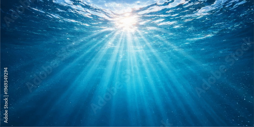 Abstract a breathtaking underwater panorama showcasing the play of light as sun rays stream down through the water, creating a mesmerizing spectacle in this deep blue aquatic realm.
