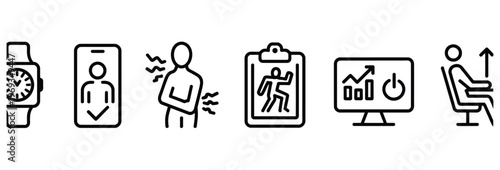 Health and fitness icons: smartwatch, app, pain, clipboard, computer, sitting person
