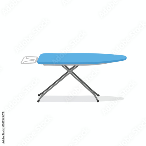 Blue ironing board with metal folding legs on white background