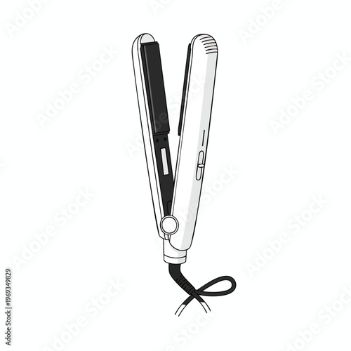 Open white hair straightener with black plates, cord, and dial on a white background