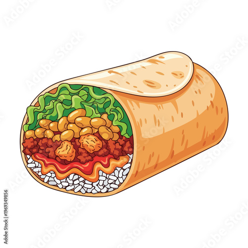 A cartoon burrito overflowing with rice, beans, meat, lettuce, and salsa