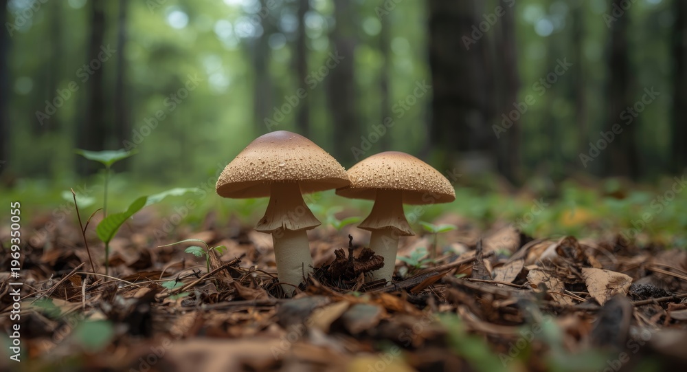 Fototapeta premium Twin mushrooms growing side by side in a serene forest clearing