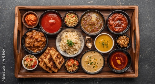 Wood tray presentation of Jeotgal sauces to complement flavorful finger dishes