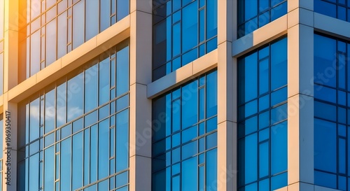 Blue Glass Curtain Wall: Symmetrical view of a contemporary commercial building exterior in a metropolitan business center.