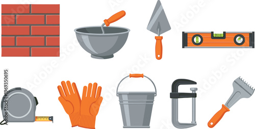 Construction and masonry tool illustration featuring brick wall, trowels, spirit level, tape measure, gloves, bucket, clamp, and essential equipment for building and repair work