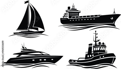 Stylized black-and-white silhouettes of sailboat, cargo ship, luxury yacht, and tugboat with water waves, showcasing diverse maritime vessel designs and functions