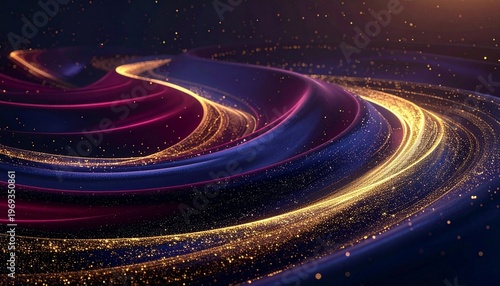 Dynamic Luminous Swirl of Golden and Purple Particles on a Dark Background, Representing Flowing Energy and Futuristic Technology
