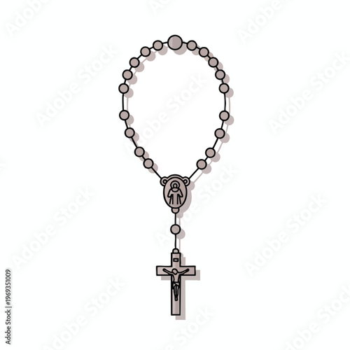 A hanging rosary with a cross and an oval medal featuring a figure