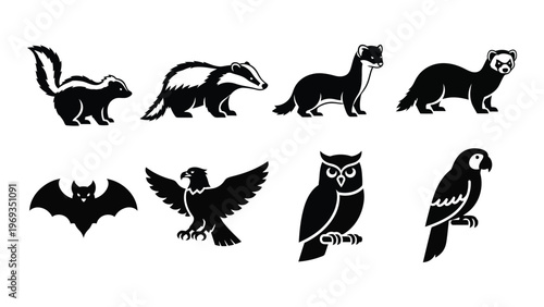 Collection of diverse animal silhouettes including mustelids birds of prey and a bat presented in a graphic style silhouette high quality