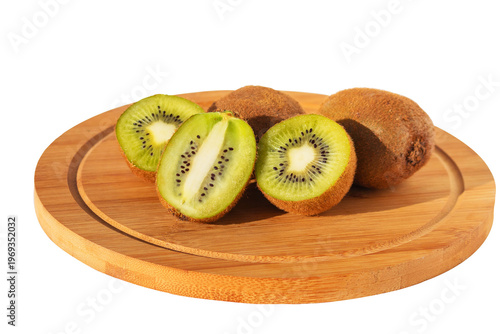 Fresh juicy tasty kiwi on a cutting board, isolated on white background.