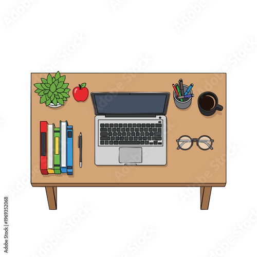 A tidy desk with a laptop, books, plant, coffee, pens, and glasses