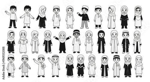 Collection of diverse cartoon characters in traditional attire.