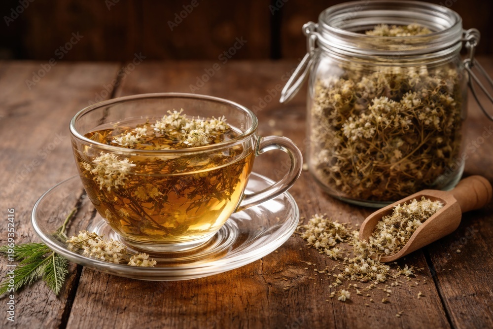 Fototapeta premium Meadowsweet Tea in Glass Cup with Dried Herbs on Rustic Wood