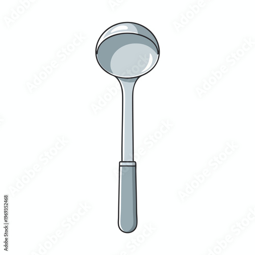 A simple, silver metal ladle with a wide, shallow bowl and gray handle