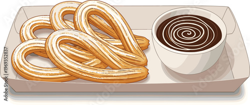 Golden brown loop-shaped churros served on tray with glossy chocolate dipping sauce, delicious Spanish dessert snack showcasing crispy fried dough and rich sweet flavor combination.