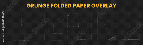 Set of grunge folded paper texture overlays for photo editing, distressed paper creases and folds