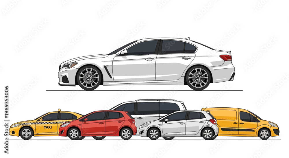 Fototapeta premium Variety of modern car illustrations against a clean white background