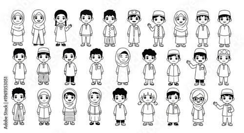 Collection of diverse cartoon characters in various outfits.