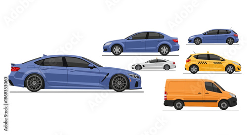 Variety of modern vehicles blue sedan taxi hatchback van and white car