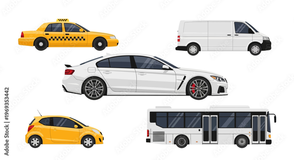 Fototapeta premium Variety of transportation vehicles illustrated against a white background