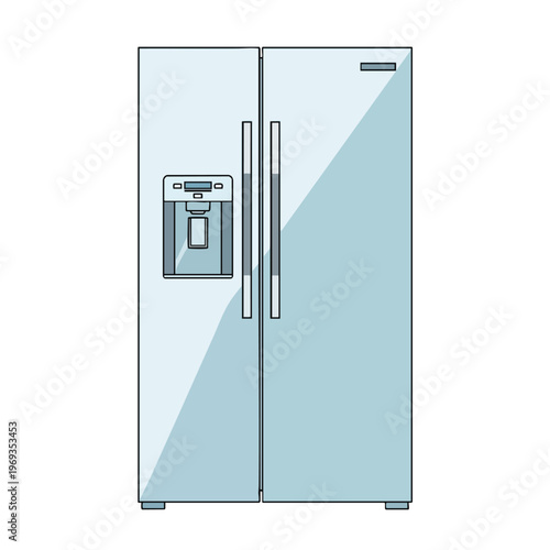 A light blue side-by-side refrigerator with a water and ice dispenser