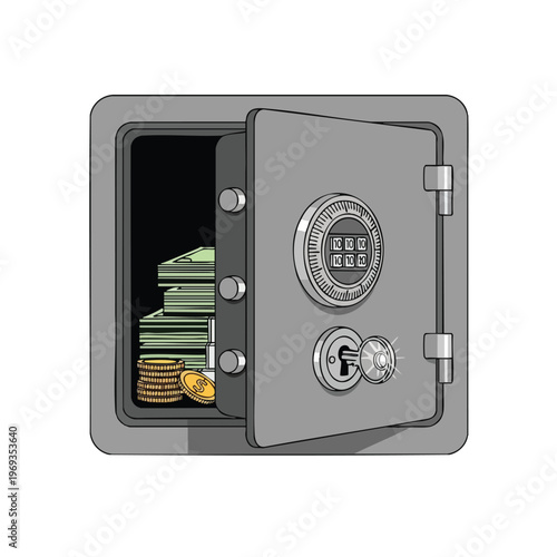 Open safe filled with stacked bills and gold coins, revealing a dial and key lock