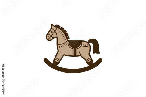 Brown wooden rocking horse with saddle and mane on white background