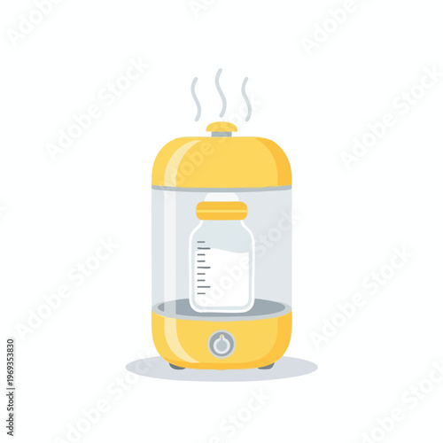 Yellow baby bottle warmer with bottle and steam