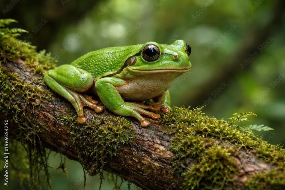 Obraz premium Green Tree Frog Resting on Mossy Limb in Lush Forest Setting