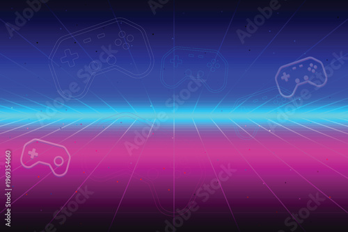 Retro cyberpunk style 80s game scene pixel art 8-bit sci-fi background. glowing neon grid and stars from vintage arcade computer games.