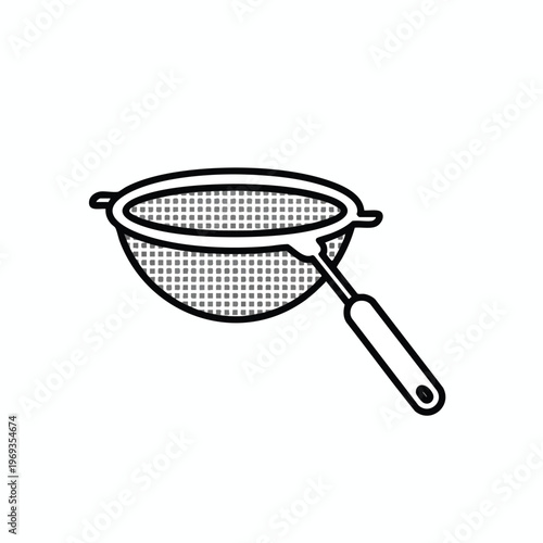 A simple line drawing of a mesh strainer with a handle against a white background