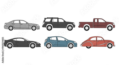 Variety of vehicle silhouettes sedan suv pickup truck coupe hatchback classic car