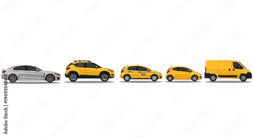 Fototapeta premium Variety of vehicles arrayed on white background ready for transportation