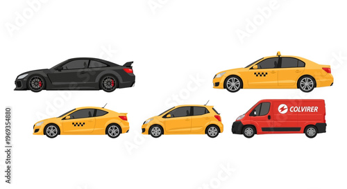 Variety of vehicles black sports car yellow taxis and red delivery van