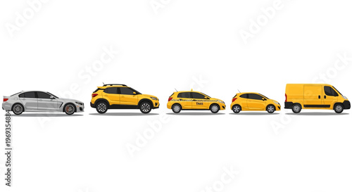 Variety of vehicles arrayed on white background ready for transportation