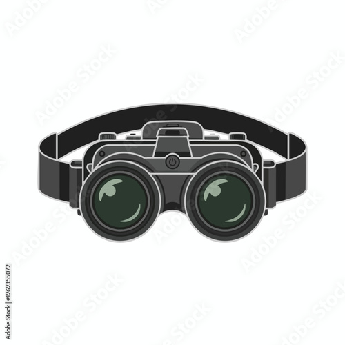 Black, strapped binoculars with a power symbol on top