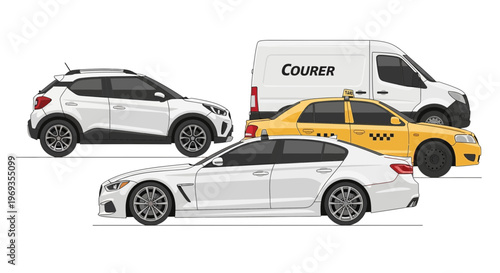 Variety of vehicles car taxi and delivery van isolated on white background