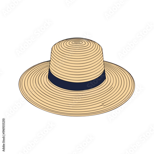A straw hat with a wide brim and a dark blue ribbon around the crown