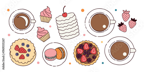 Vector set of eggs and flowers with sweet cupcake dessert, coffee cup, and chocolate candy icons for a breakfast illustration.